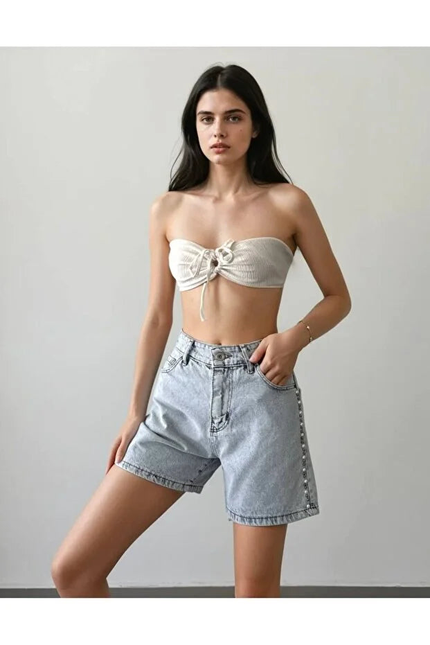 Taş İşlemeli Regular Kalıp Denim Şort