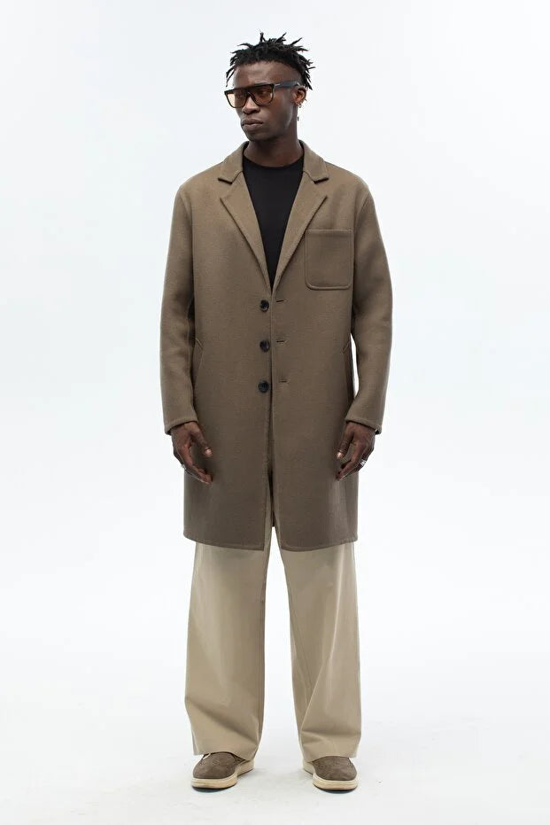 Erkek El Yapımı Yünlü Oversize Palto - Haki