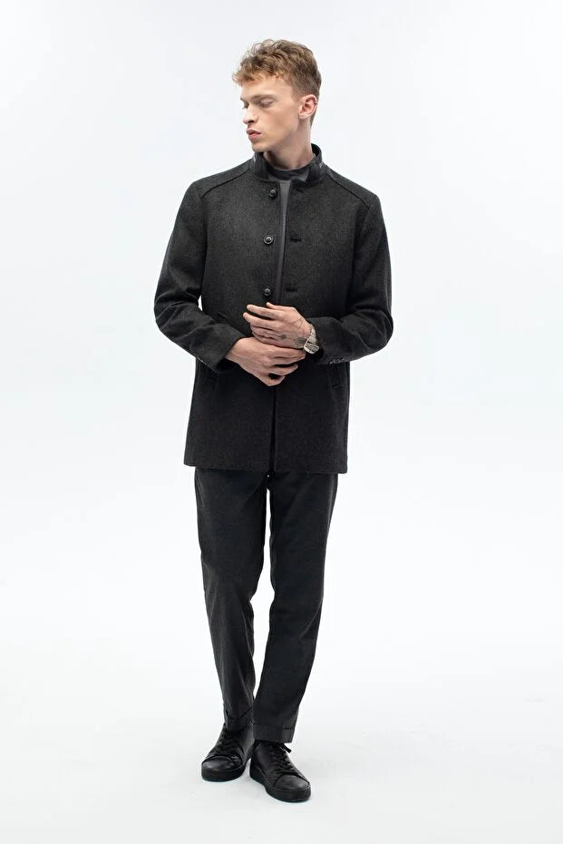 Erkek Yaka Deri Detaylı Standart Fit Palto - Antrasit