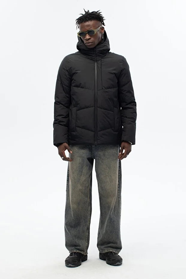 Erkek Dolumlu Kapşonlu Su İticili Mont - Siyah