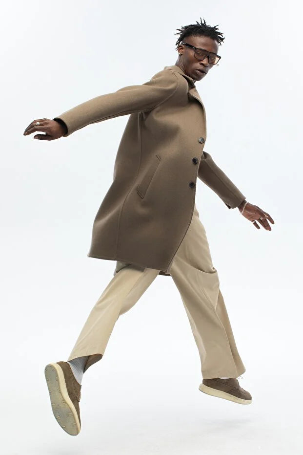 Erkek El Yapımı Yünlü Oversize Palto - Haki