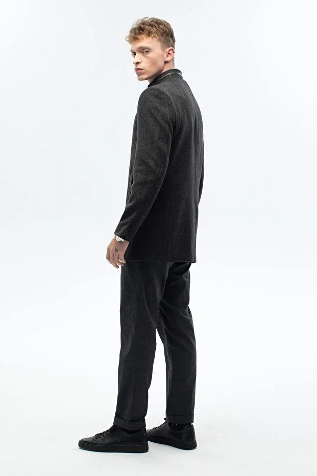 Erkek Yaka Deri Detaylı Standart Fit Palto - Antrasit