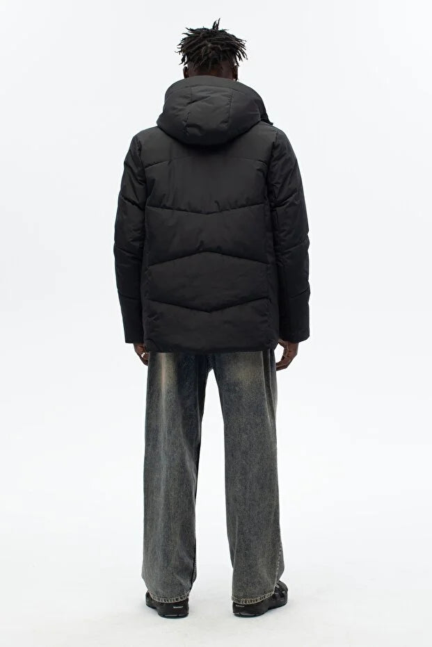 Erkek Dolumlu Kapşonlu Su İticili Mont - Siyah