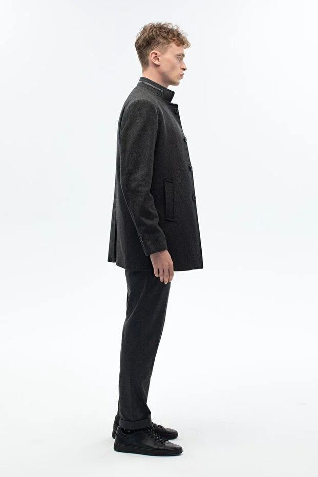 Erkek Yaka Deri Detaylı Standart Fit Palto - Antrasit