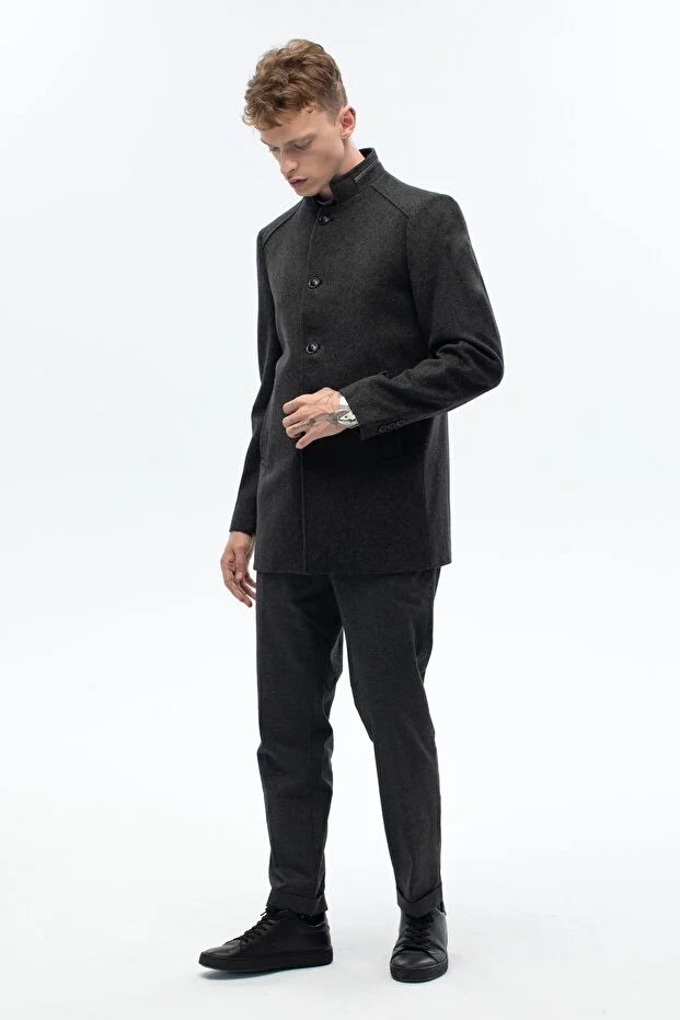 Erkek Yaka Deri Detaylı Standart Fit Palto - Antrasit