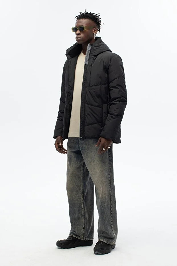 Erkek Dolumlu Kapşonlu Su İticili Mont - Siyah