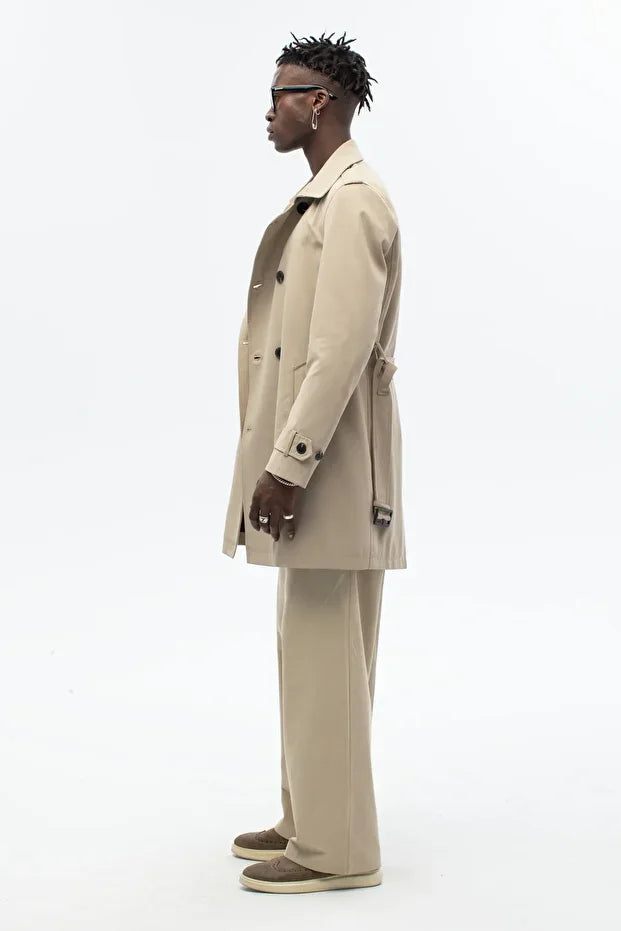 Erkek Kuşak Detaylı Regular Kalıp Kruvaze Trençkot - Bej