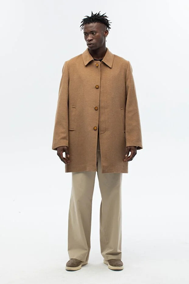Erkek Standart Fit Kaşe Palto - Camel
