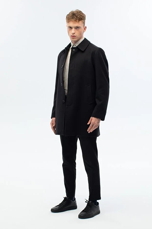 Erkek Standart Fit Kaşe Palto - Siyah