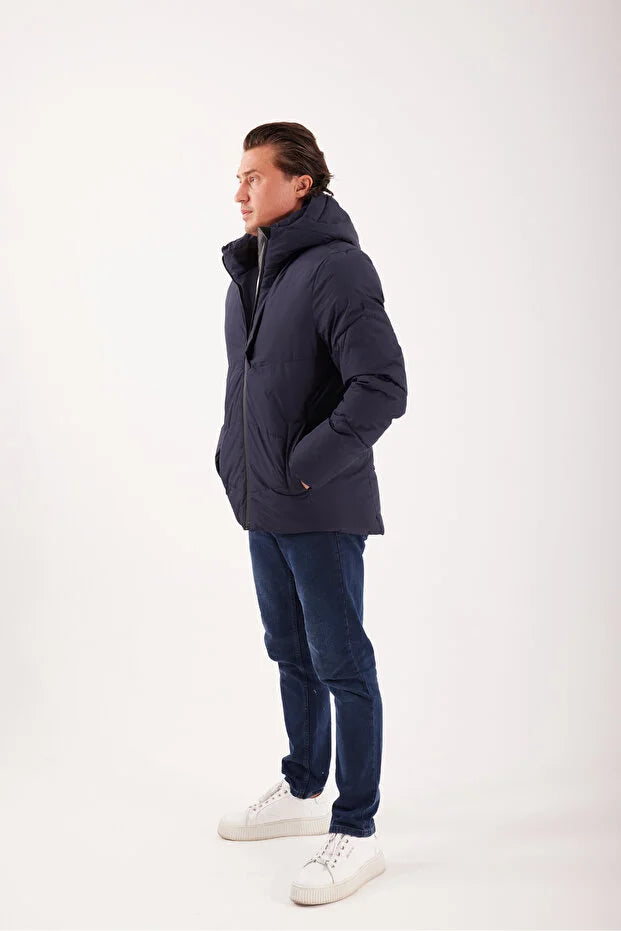 Erkek Dolumlu Kapşonlu Su İticili Mont - Lacivert