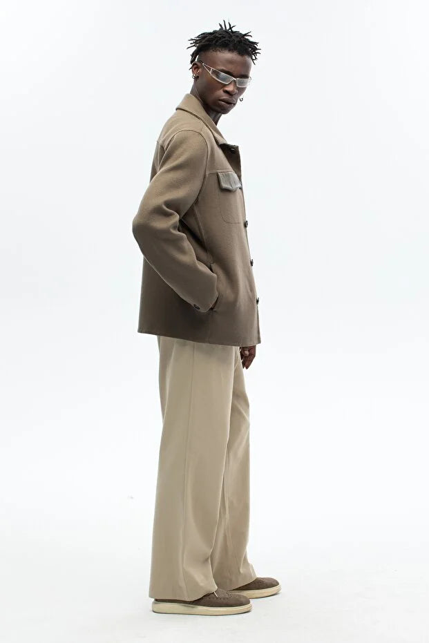 Erkek Yün Karışımlı El Yapımı Deri Detaylı Kaşe Mont