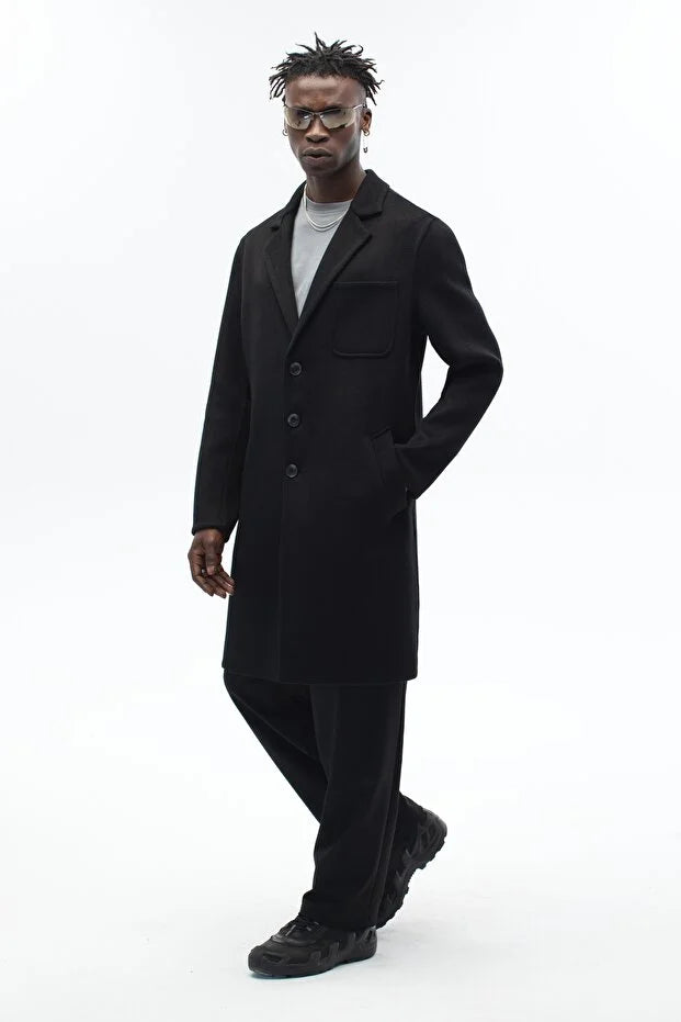 Erkek El Yapımı Yünlü Oversize Palto - Siyah