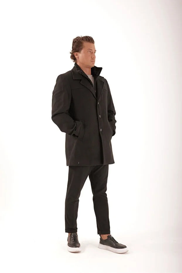 Erkek Yakası Kürklü Çıkma Yelekli Palto - Siyah