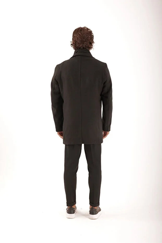 Erkek Yakası Kürklü Çıkma Yelekli Palto - Siyah