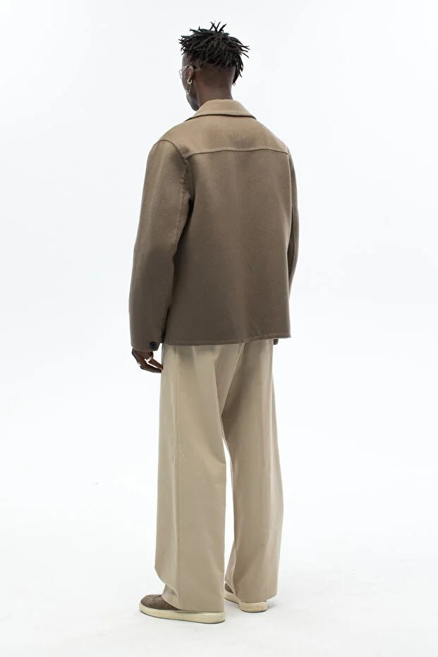 Erkek Yün Karışımlı El Yapımı Deri Detaylı Kaşe Mont