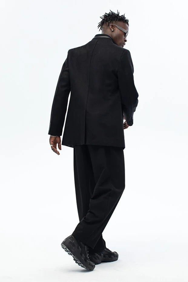 Erkek Yaka Deri Detaylı Standart Fit Palto  - Siyah