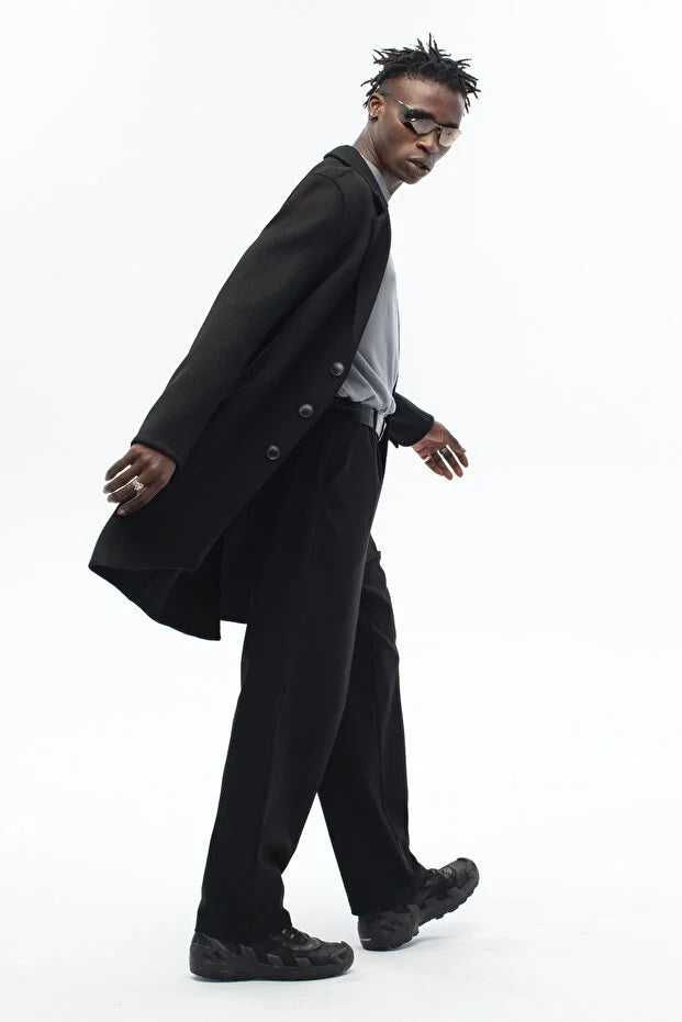 Erkek El Yapımı Yünlü Oversize Palto - Siyah