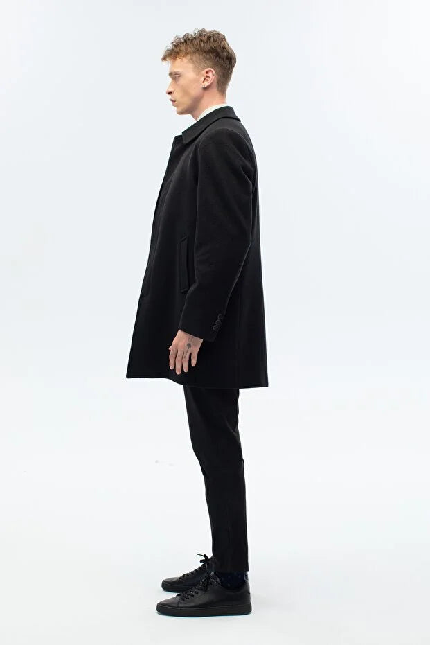 Erkek Standart Fit Kaşe Palto - Siyah