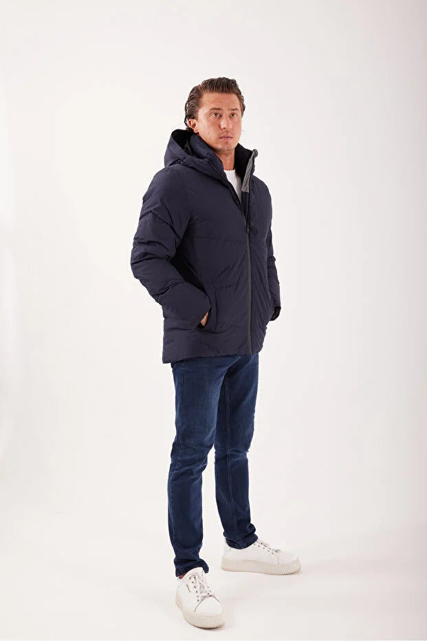 Erkek Dolumlu Kapşonlu Su İticili Mont - Lacivert