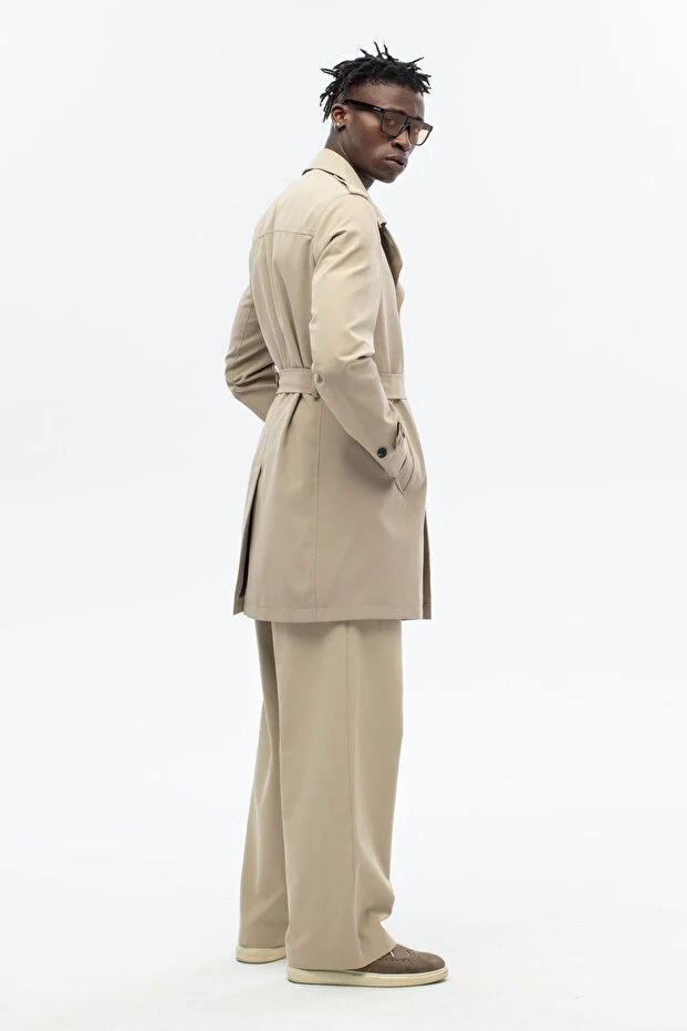Erkek Kuşak Detaylı Regular Kalıp Kruvaze Trençkot - Bej