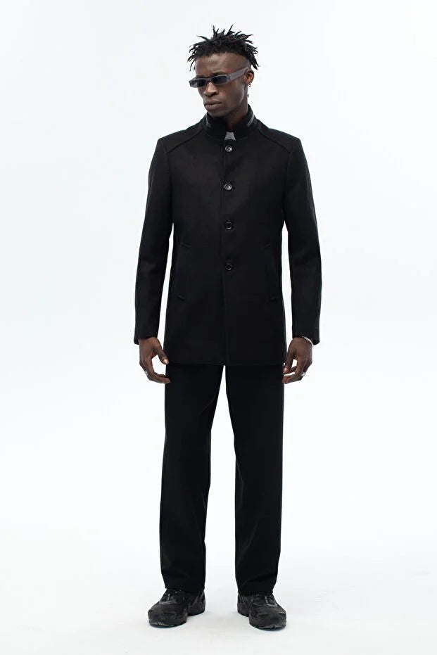 Erkek Yaka Deri Detaylı Standart Fit Palto  - Siyah