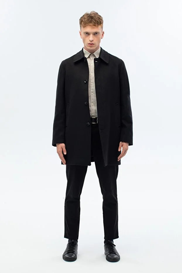Erkek Standart Fit Kaşe Palto - Siyah