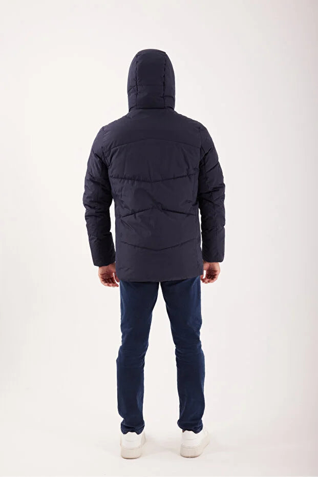 Erkek Dolumlu Kapşonlu Su İticili Mont - Lacivert