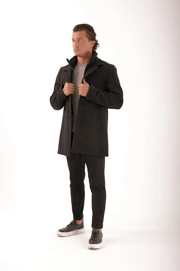 Erkek Yakası Kürklü Çıkma Yelekli Palto - Siyah