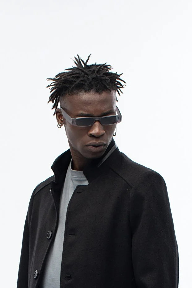 Erkek Yaka Deri Detaylı Standart Fit Palto  - Siyah