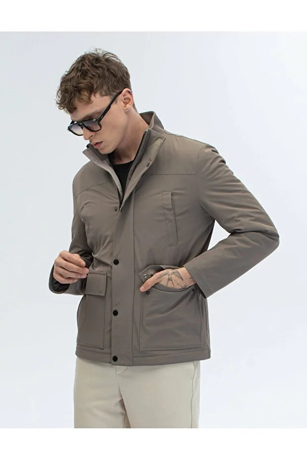 Erkek Teknik Kumaş Dik Yaka Günlük Mont