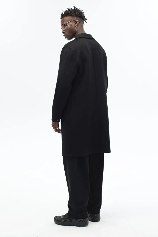 Erkek El Yapımı Yünlü Oversize Palto - Siyah