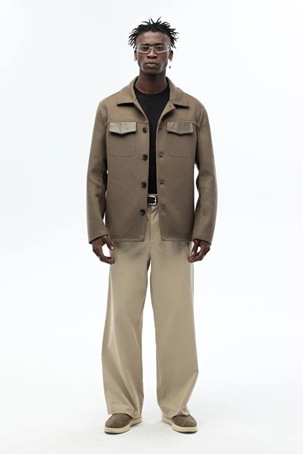 Erkek Yün Karışımlı El Yapımı Deri Detaylı Kaşe Mont