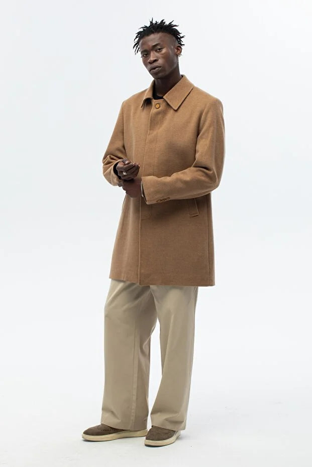 Erkek Standart Fit Kaşe Palto - Camel