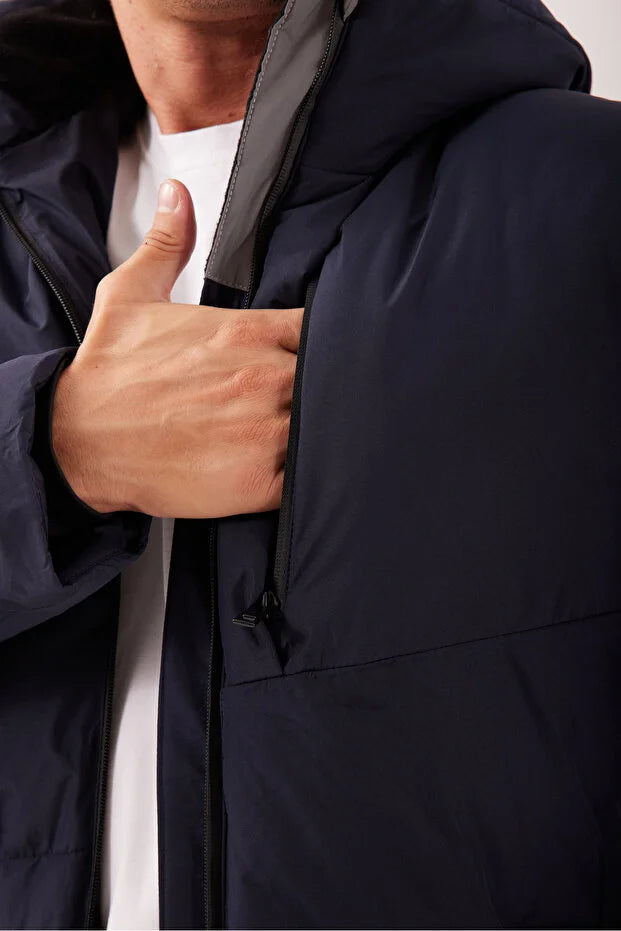 Erkek Dolumlu Kapşonlu Su İticili Mont - Lacivert