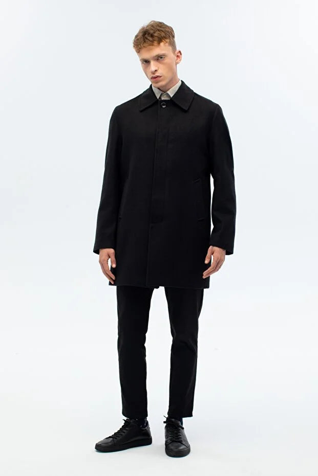 Erkek Standart Fit Kaşe Palto - Siyah