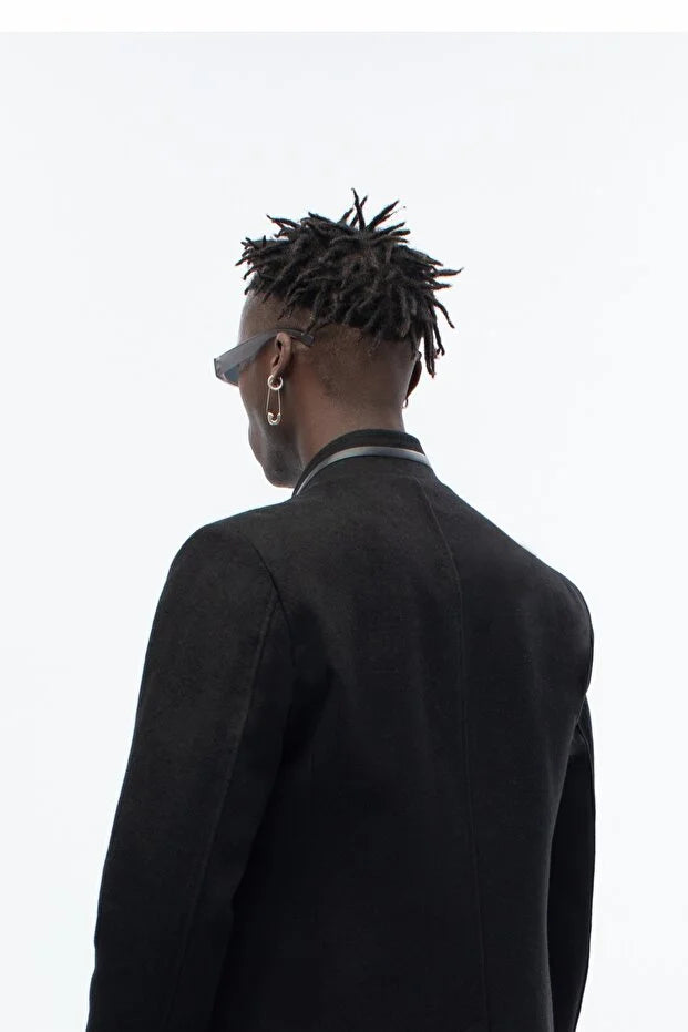 Erkek Yaka Deri Detaylı Standart Fit Palto  - Siyah