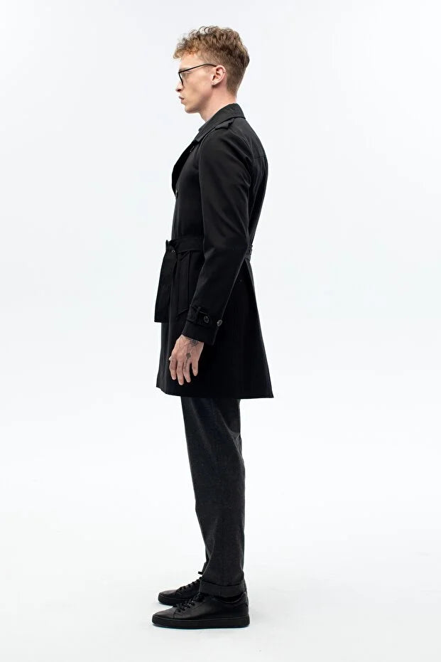 Erkek Kuşak Detaylı Regular Kalıp Kruvaze Trençkot - Siyah