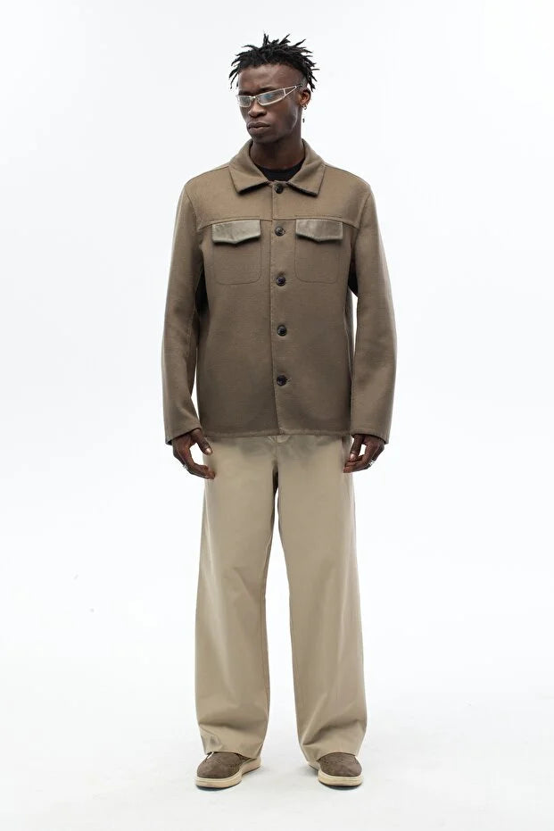 Erkek Yün Karışımlı El Yapımı Deri Detaylı Kaşe Mont