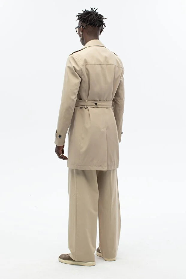 Erkek Kuşak Detaylı Regular Kalıp Kruvaze Trençkot - Bej