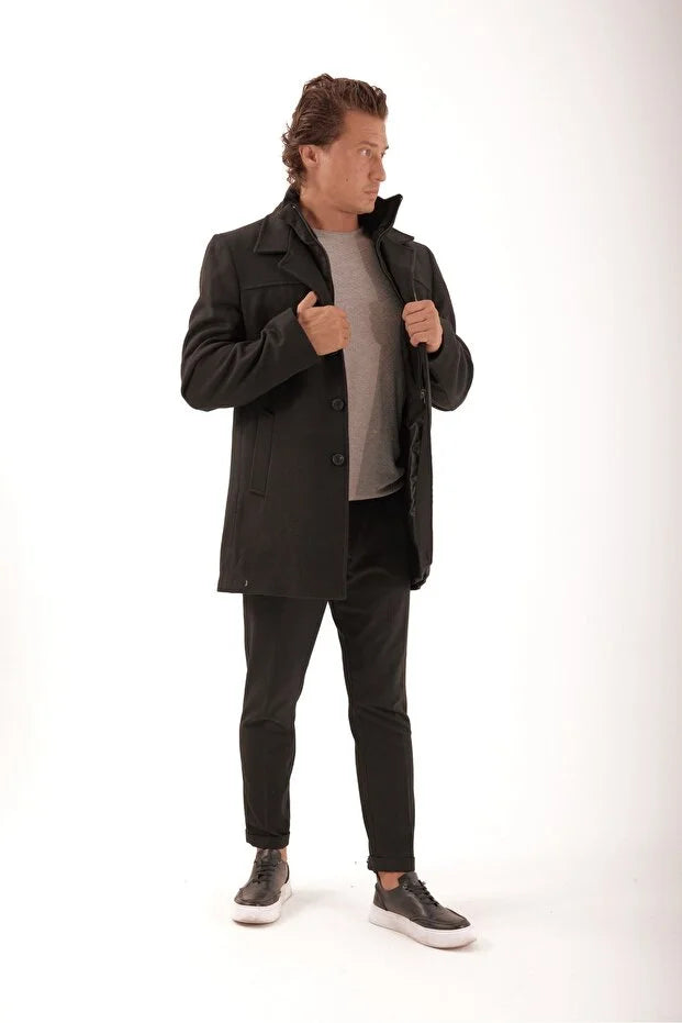 Erkek Yakası Kürklü Çıkma Yelekli Palto - Siyah