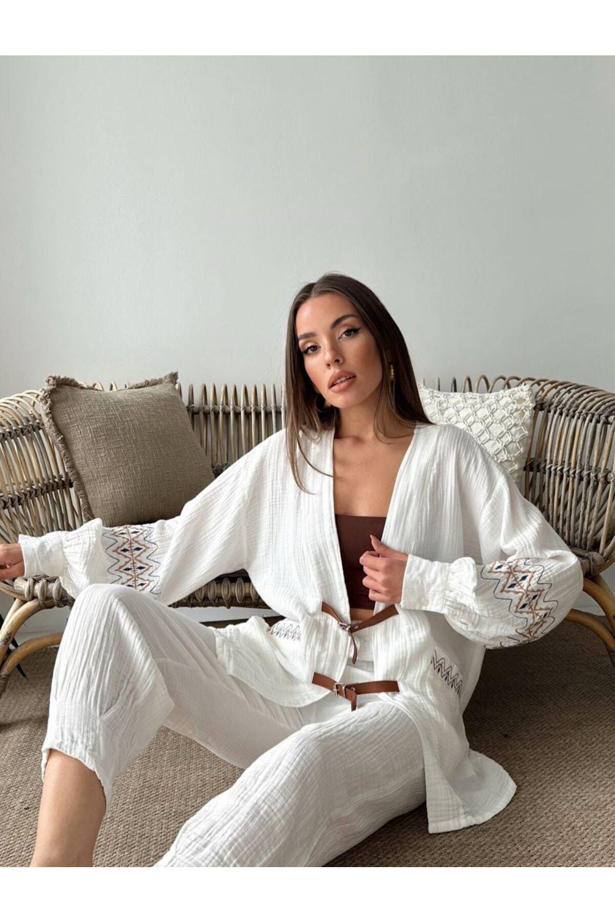 Yazlık Kumaş Relaxed Kalıp Kemer Detaylı Kimono