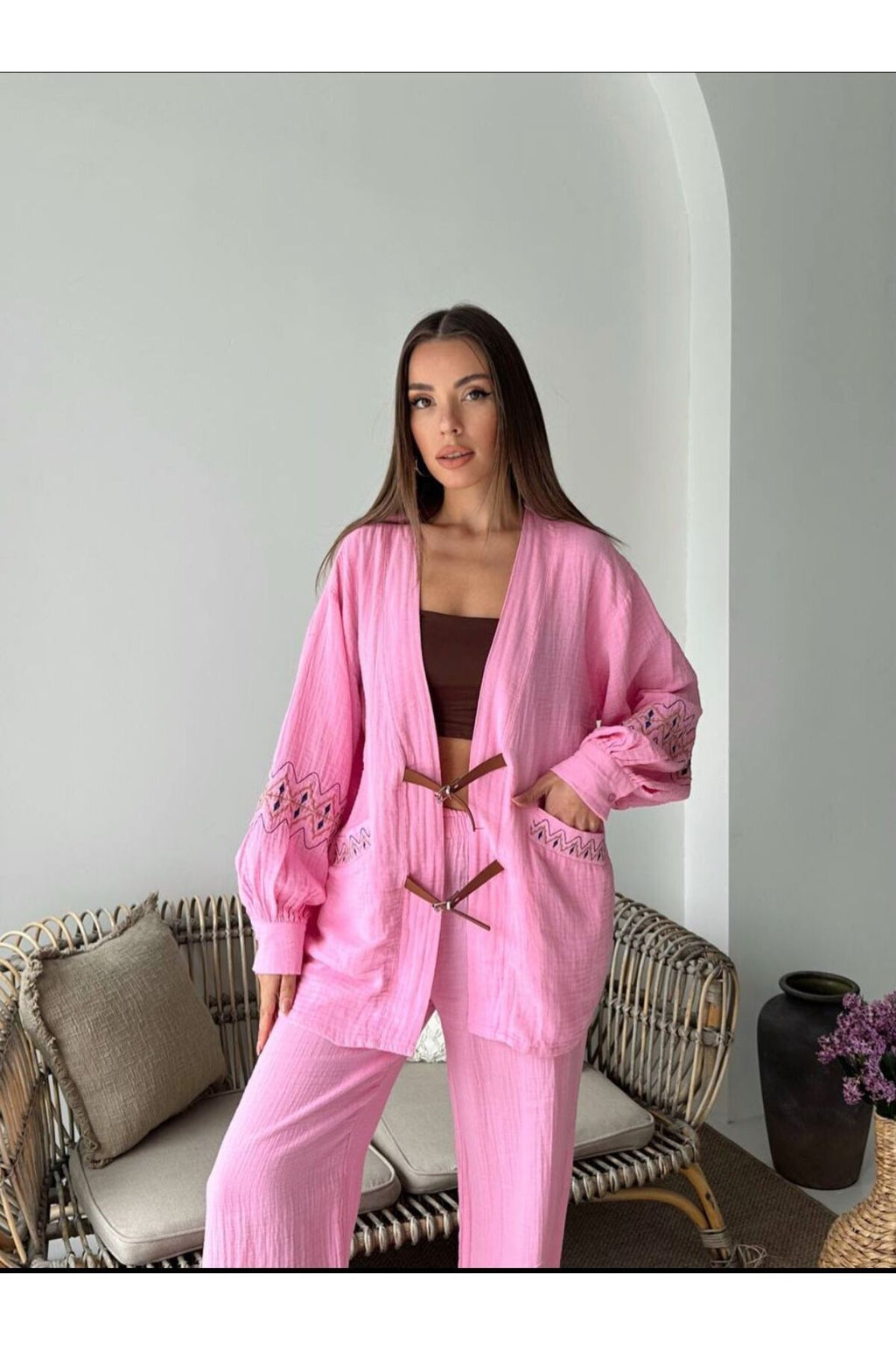 Yazlık Kumaş Relaxed Kalıp Kemer Detaylı Kimono