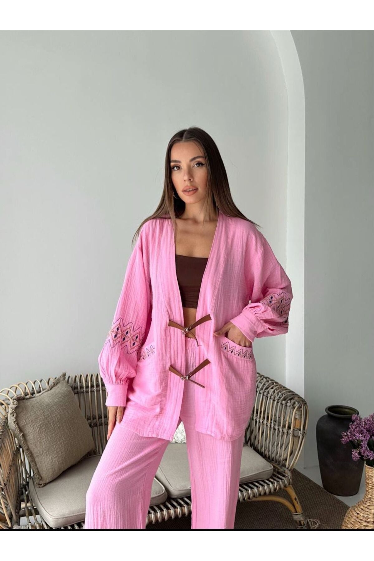 Yazlık Kumaş Relaxed Kalıp Kemer Detaylı Kimono