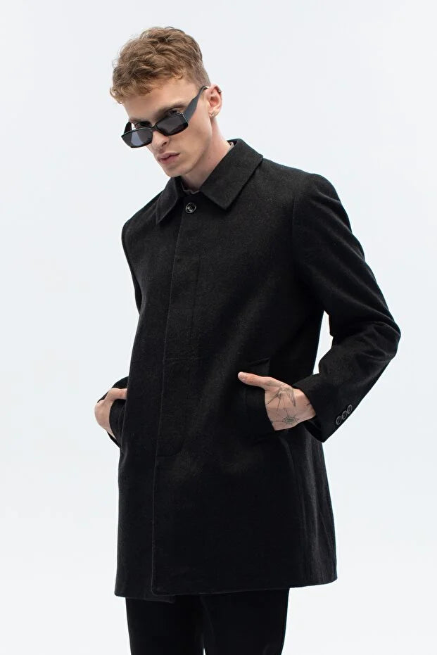 Erkek Standart Fit Kaşe Palto - Antrasit