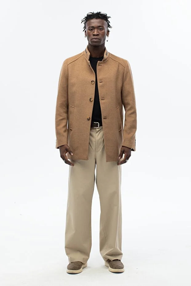 Erkek Yaka Deri Detaylı Standart Fit Palto- Camel