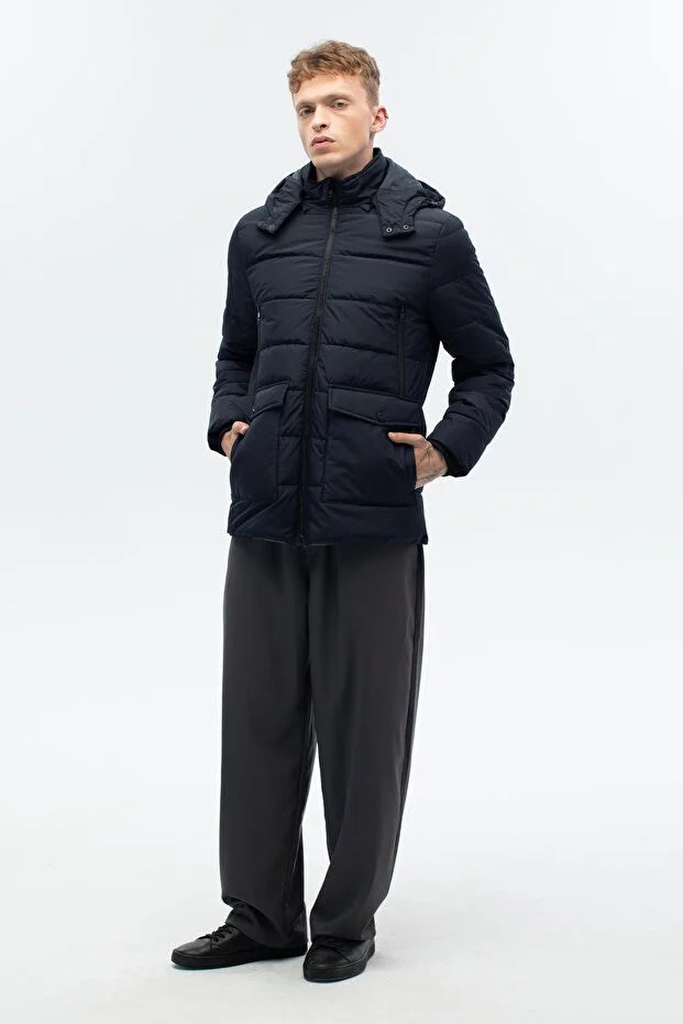 Erkek Lacivert Su Ve Rüzgar Geçirmez Kapşonlu Mont