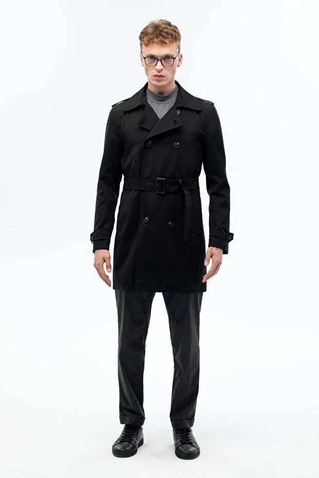 Erkek Kuşak Detaylı Regular Kalıp Kruvaze Trençkot - Siyah