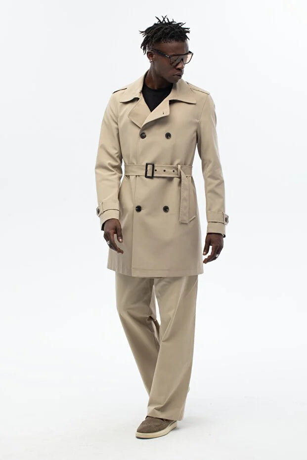 Erkek Kuşak Detaylı Regular Kalıp Kruvaze Trençkot - Bej