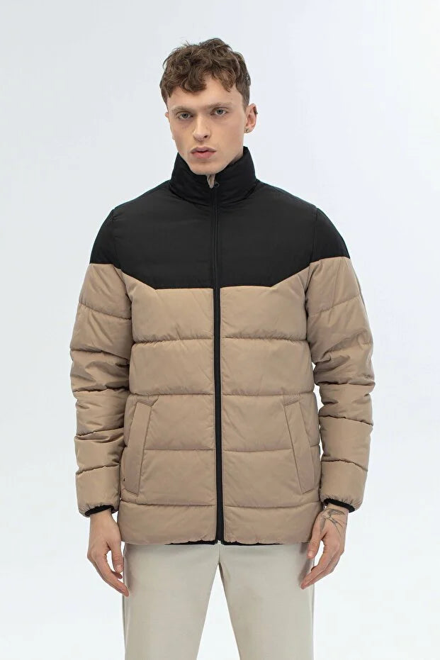 Dik Yaka Regular Fit Günlük Spor Mont - Bej