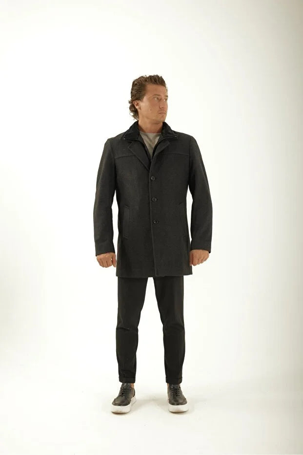 Erkek Yakası Kürklü Çıkma Yelekli Palto - Antrasit